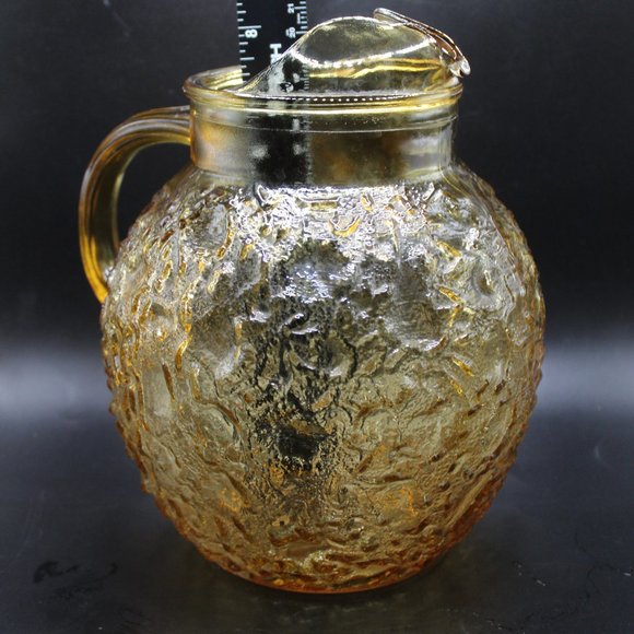 Vintage Crinkled Amber Large Glass Round Pitcher with Spout w/4 matching glasses - Picture 4 of 12